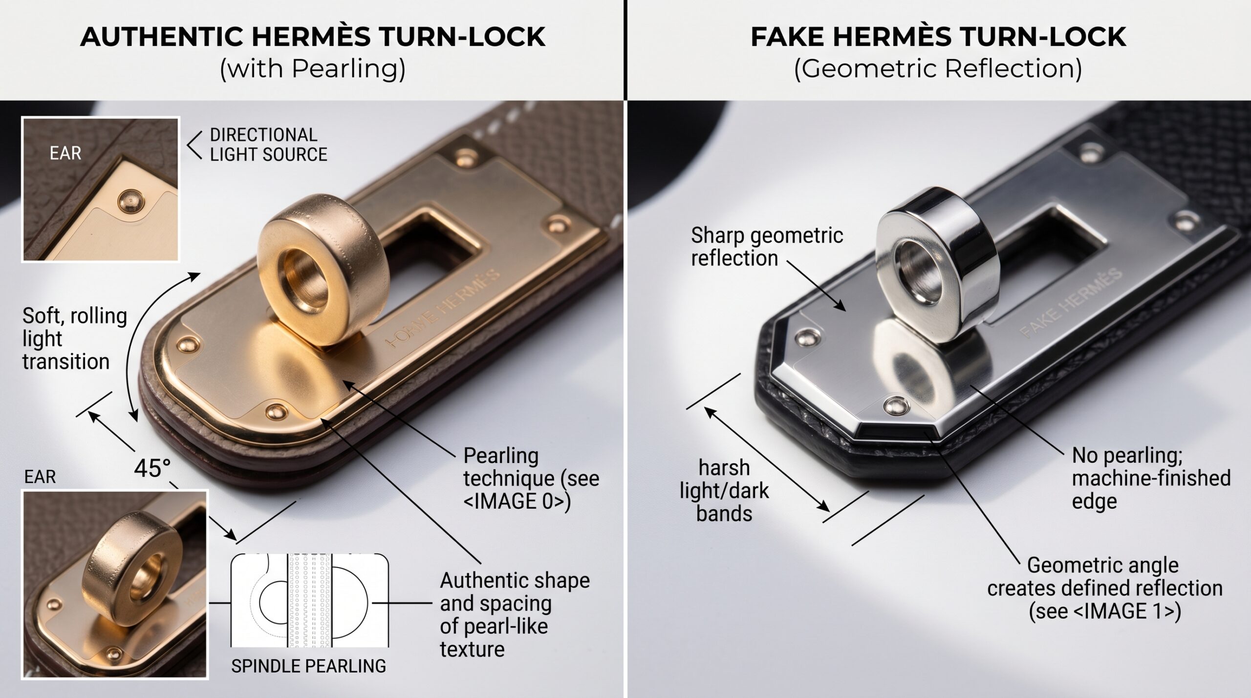 Hermes turn-lock toggle pearling inner face edge detail authentication close-up