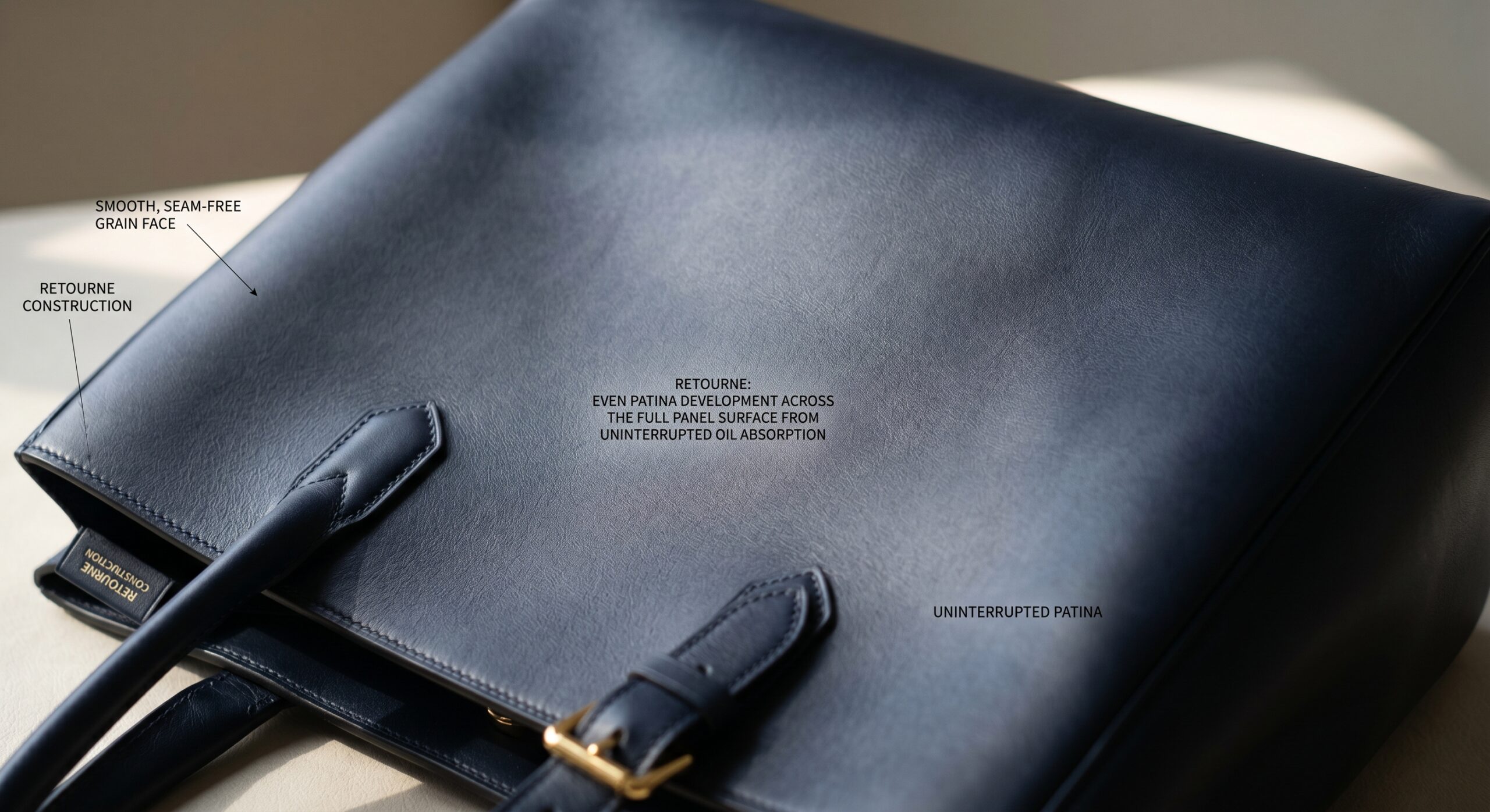 Retourne Kelly interior seam smooth exterior panel patina development close-up