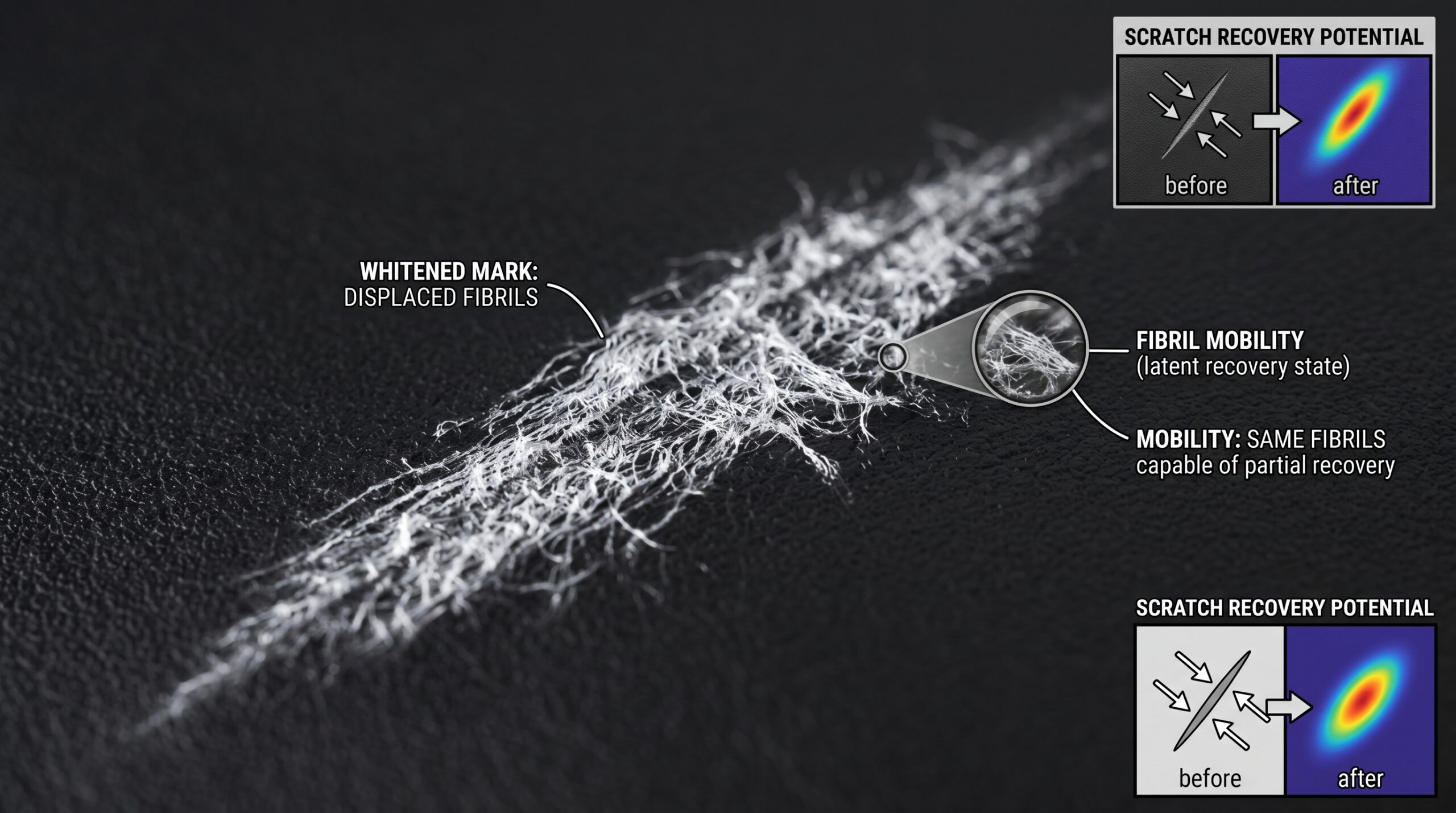 Swift leather surface scratch recovery fibril close-up detail