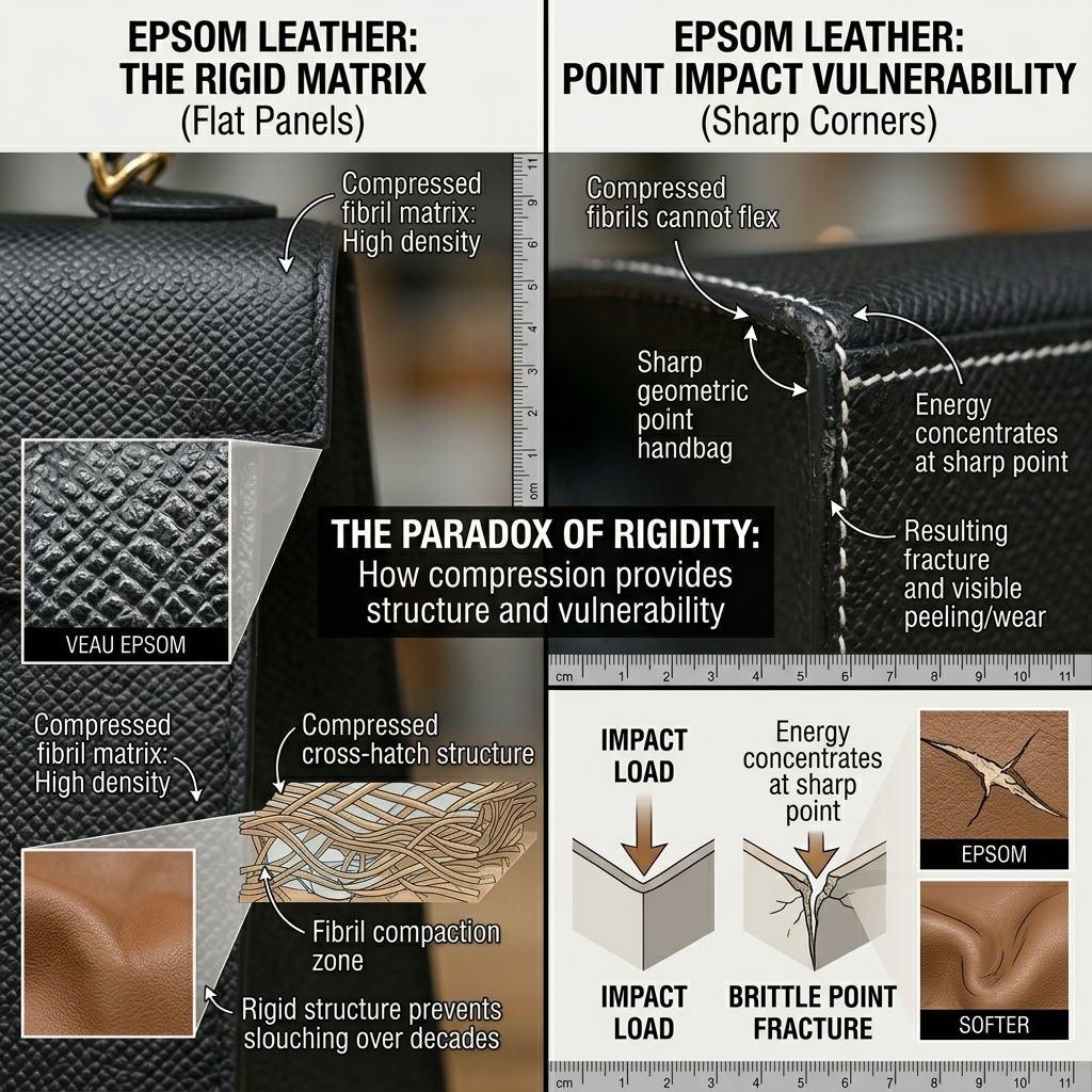 Epsom leather corner detail chip wear vulnerability close-up