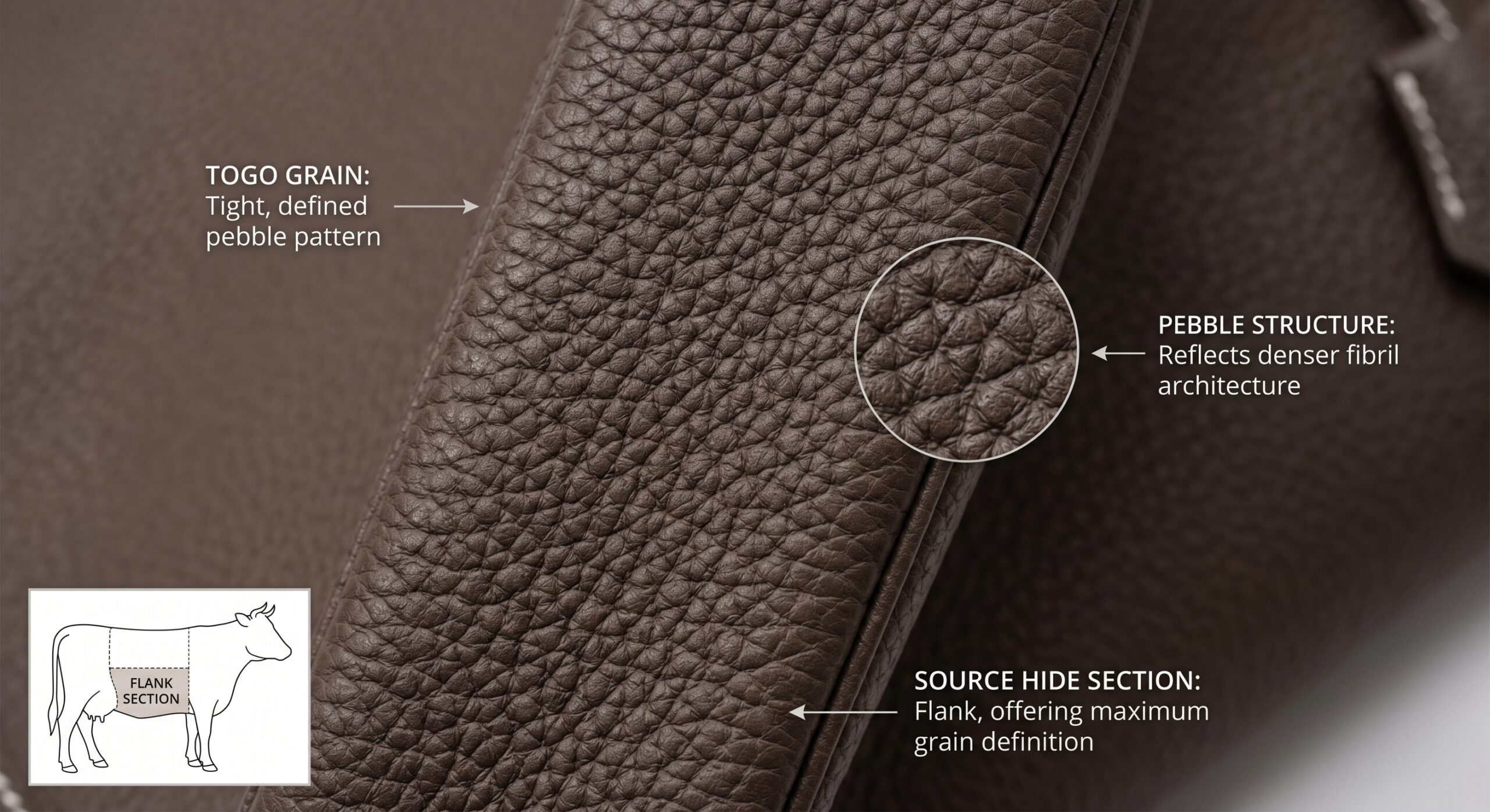 Togo leather grain close-up fibril density pebble structure detail