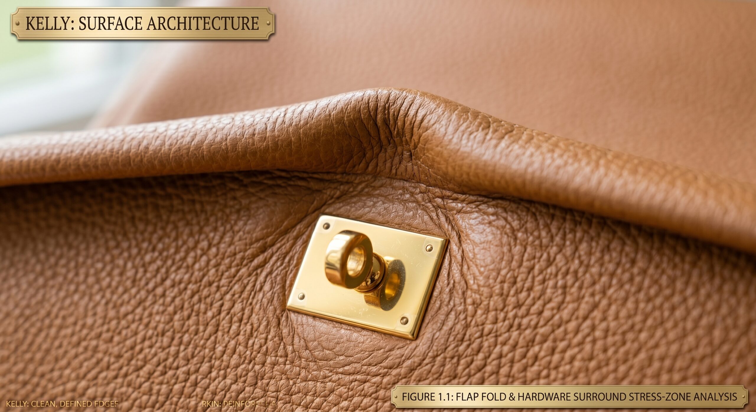 Close-up of Hermes Kelly saddle stitch and flap fold wear detail