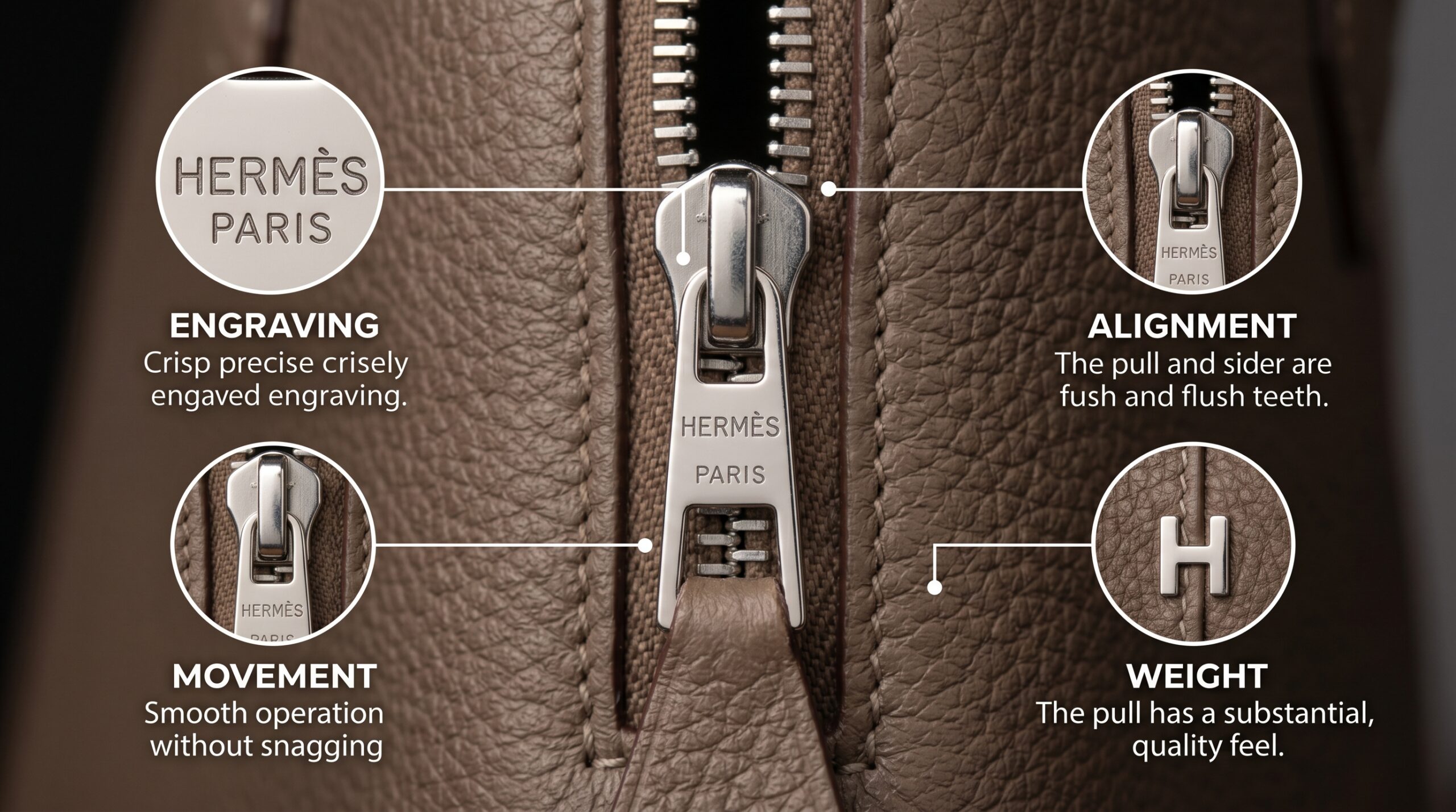 Hermes zipper pull alignment weight authentication close-up gold palladium