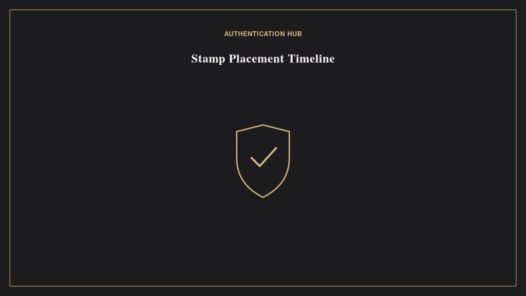 Illustration of a verification seal with checkmark representing Hermes stamp placement by decade