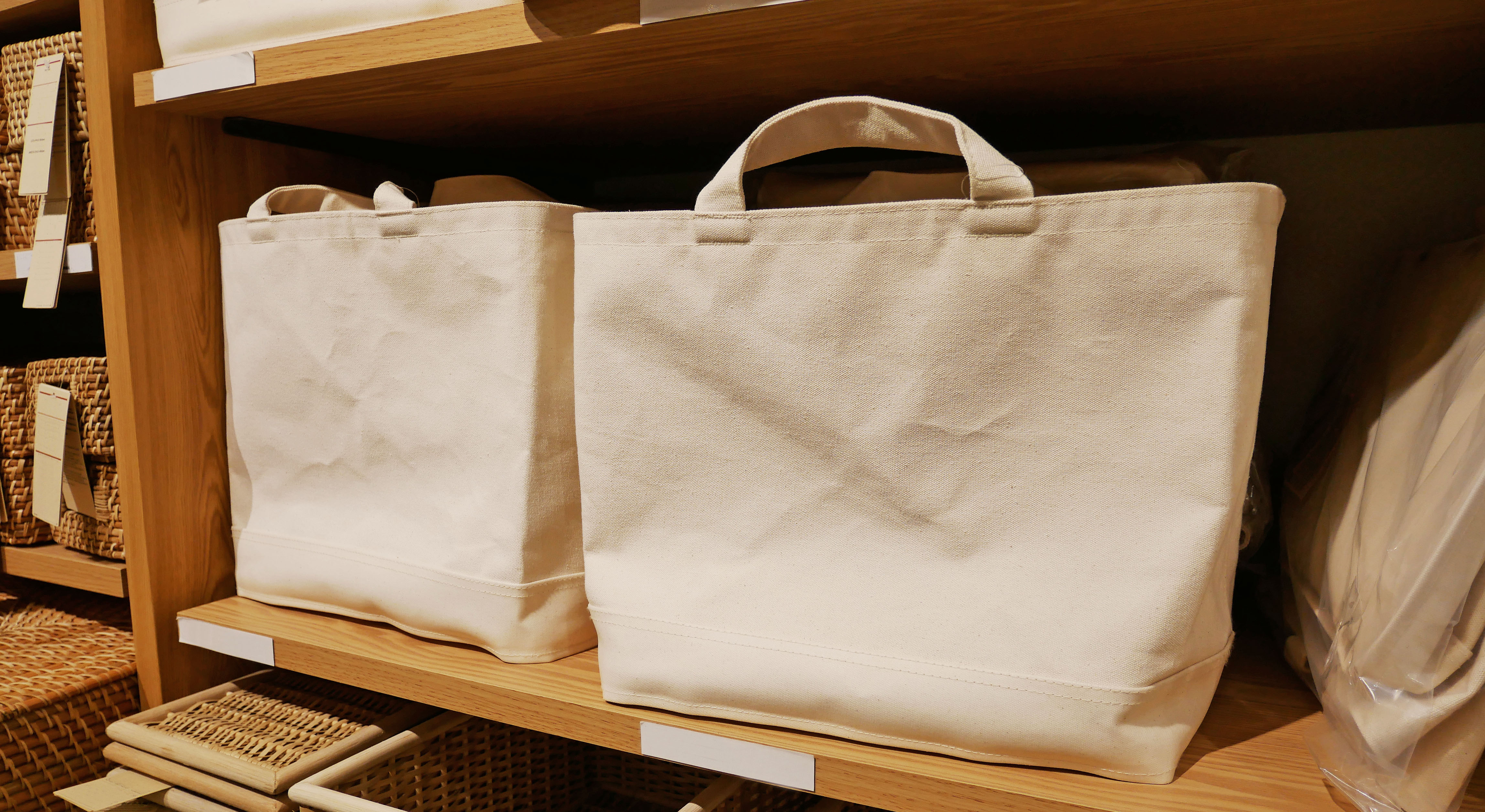 Structured bags lined up neatly on a shelf, representing proper shape retention through correct stuffing technique