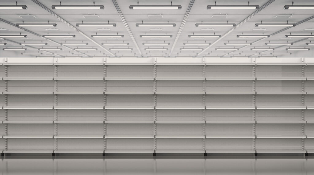 Sparsely stocked retail shelves, representing the scarcity and allocation logic behind Hermes quota purchases