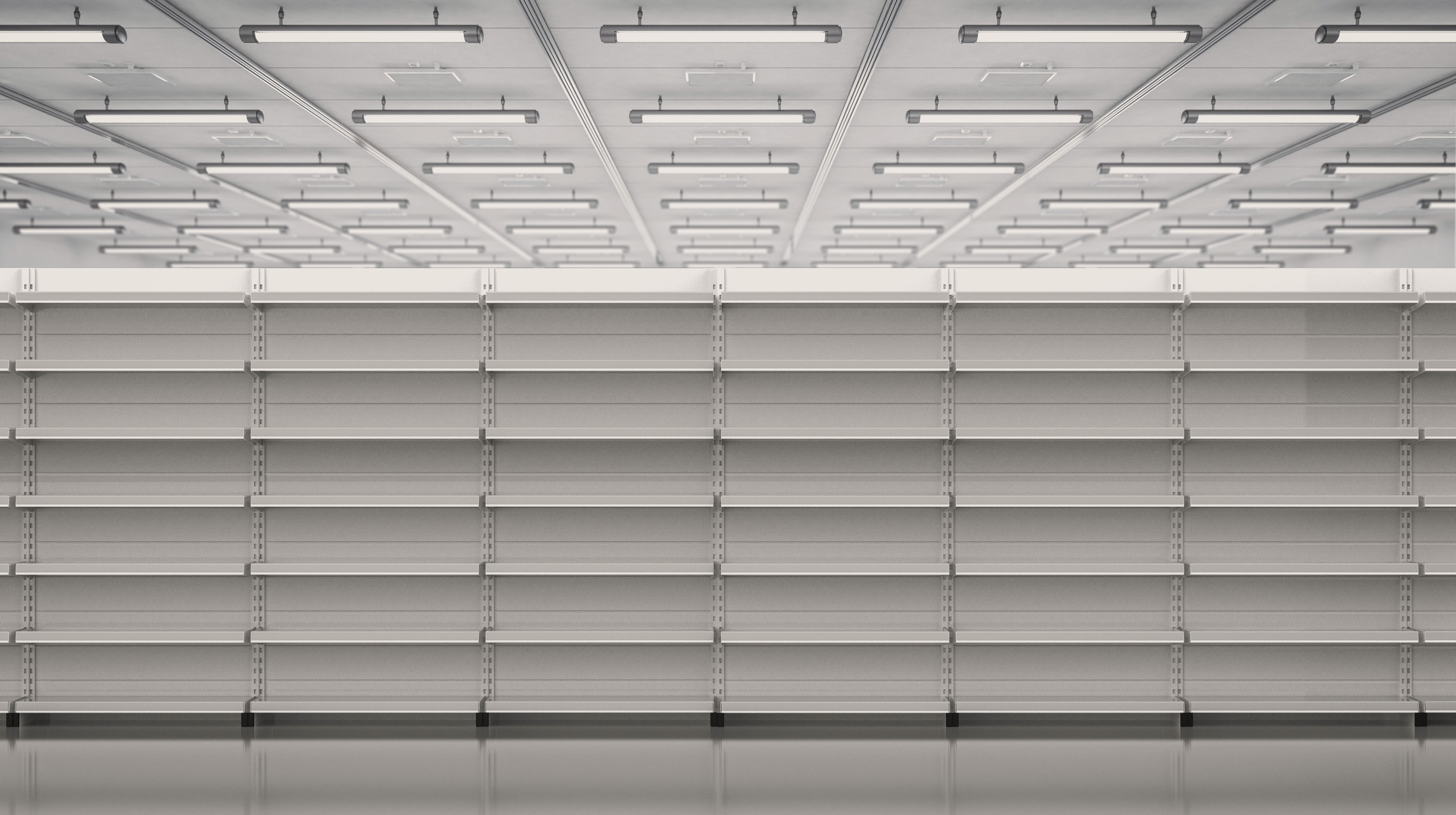 Sparsely stocked retail shelves, representing the scarcity and allocation logic behind Hermes quota purchases