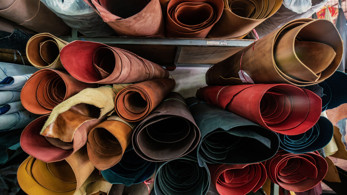 Raw vegetable-tanned leather hides on display